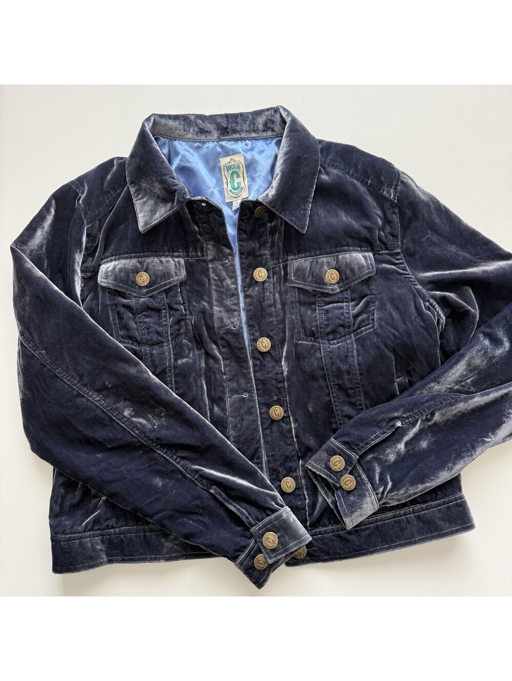 Rockin C Sportswear Womens M Blue Velvet Trucker Jacket Western Boho